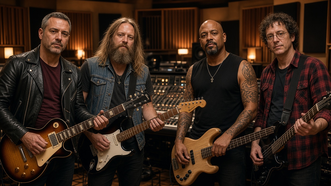 The Botheads in Room 5: vocalist in a leather jacket at a vintage mic, bearded lead guitarist in a denim vest, tattooed bassist, and drummer in red flannel under warm stage light.
