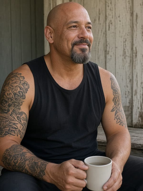Deacon Reese: bald, dark goatee, sleeveless black shirt and tattooed arms, drinking coffee on a porch step in the morning.