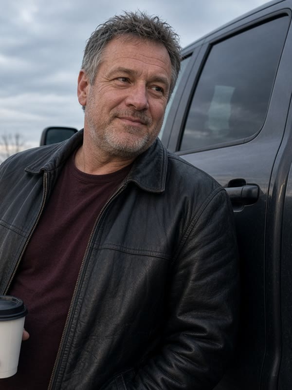 Hollis Crane: short salt-and-pepper hair, gray stubble, black leather jacket over a maroon tee, leaning on a pickup with a coffee at dusk.
