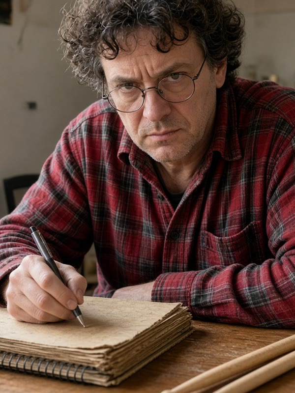 Moss Kettering: curly dark hair graying at the temples, wire-rim glasses, red flannel shirt, writing in a worn notebook at the kitchen table.