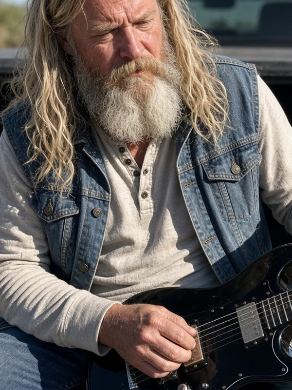 Wade 'Dusty' Ashby: long wavy dirty-blond hair, full blond-gray beard, denim vest over a light henley, restringing a black electric guitar on a tailgate.